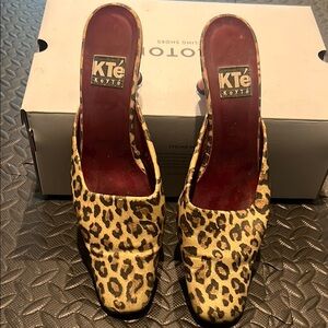 Brown Square Toe Mules with Leopard Print